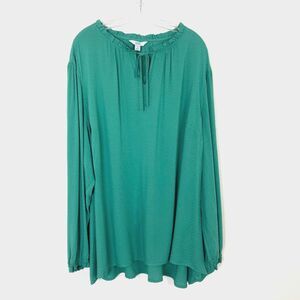 Croft & Barrow Tunic Blouse Size 3X Green Keyhole Tie Ruffle Collar/Sleeve